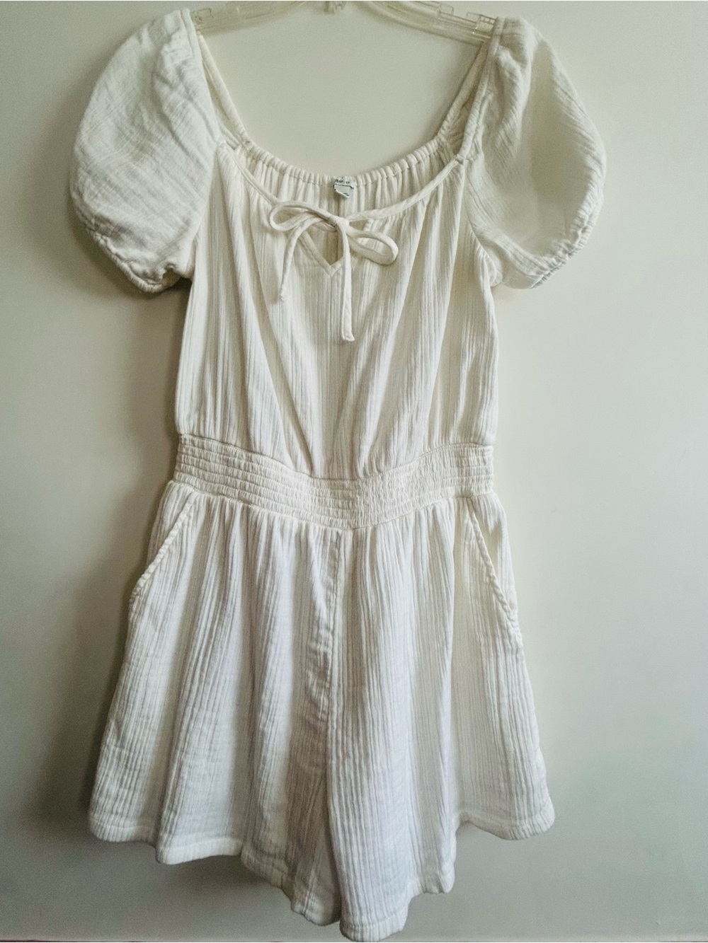 aerie White Puff-Sleeve Tie-Front Cotton Romper